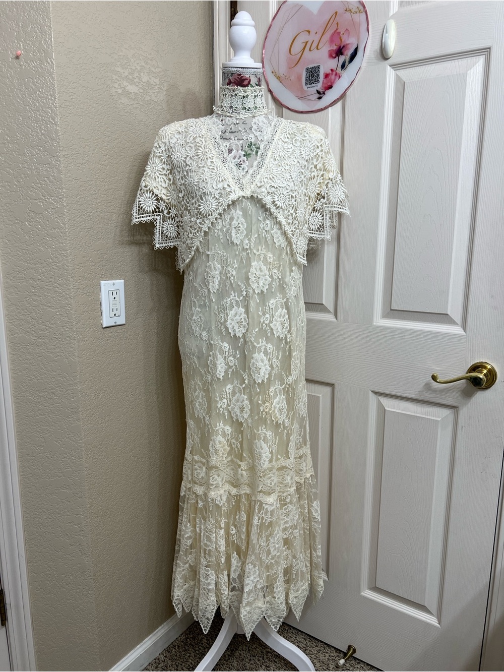 VTG 80s JESSICA MCCLINTOCK Ivory Lace Victorian Style Wedding Dress High Neck 6